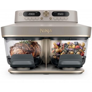 Air Fryer, Ninja CRISPi DualZone DD103EUSD1, 2 compartimente din sticla, 8 functii, gatire simultana, recipiente din sticla fara PFAS, Stone Gold