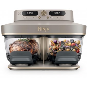 Air Fryer, Ninja CRISPi DualZone DD103EUSD1, 2 compartimente din sticla, 8 functii, gatire simultana, recipiente din sticla fara PFAS, Stone Gold