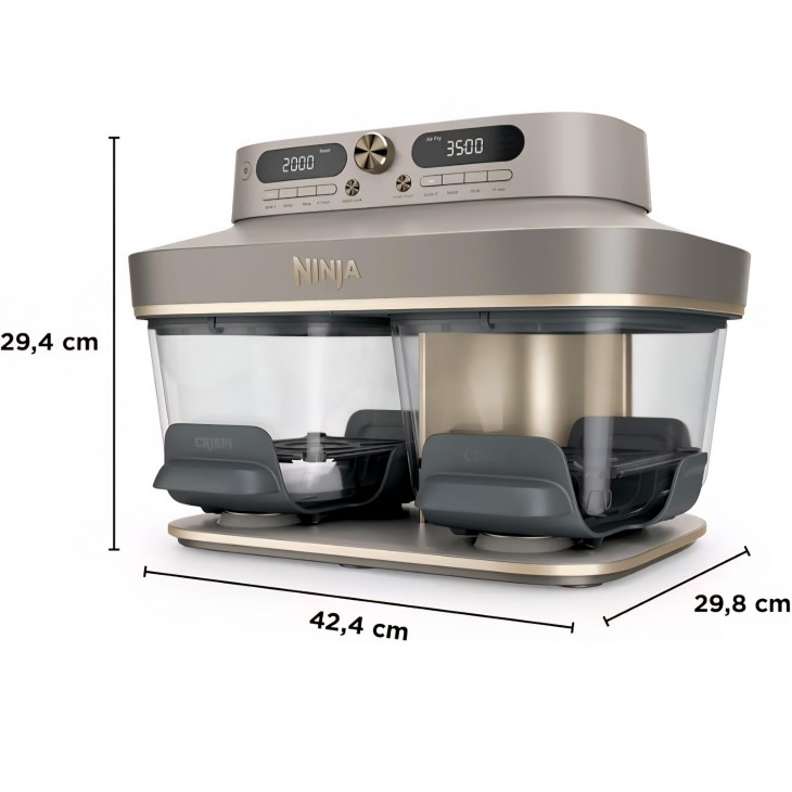 Air Fryer, Ninja CRISPi DualZone DD103EUSD1, 2 compartimente din sticla, 8 functii, gatire simultana, recipiente din sticla fara PFAS, Stone Gold