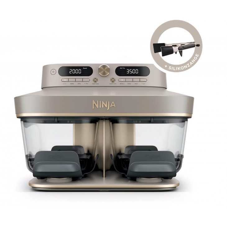Air Fryer, Ninja CRISPi DualZone DD103EUSD1, 2 compartimente din sticla, 8 functii, gatire simultana, recipiente din sticla fara PFAS, Stone Gold