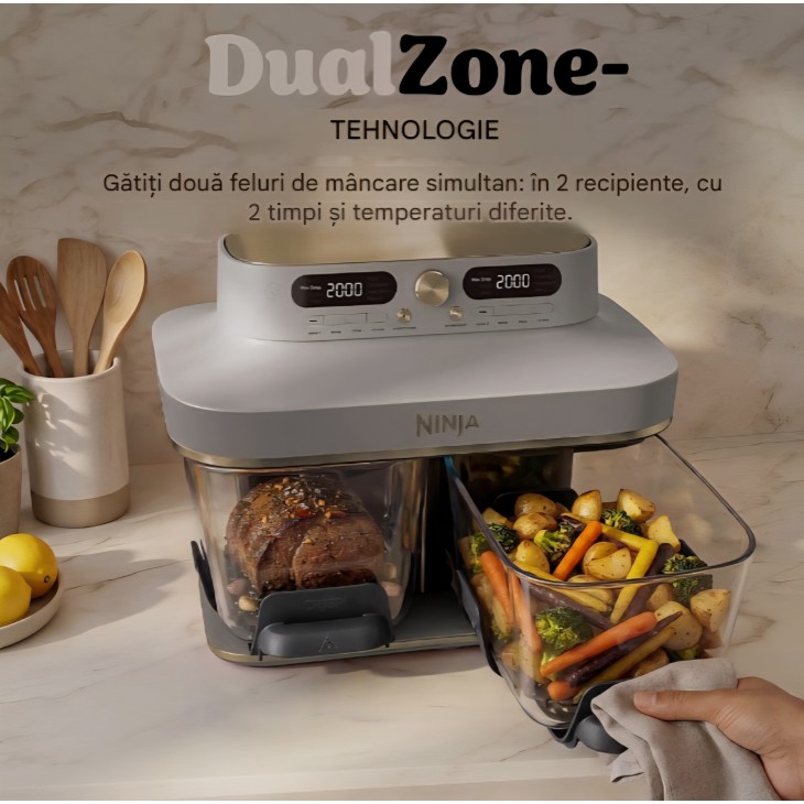 Air Fryer, Ninja CRISPi DualZone DD103EUSD1, 2 compartimente din sticla, 8 functii, gatire simultana, recipiente din sticla fara PFAS, Stone Gold