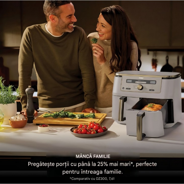 Air Fryer, Ninja Dual Zone DZ400EUSTGD, 9,5 L, 2 sertare, 6-in-1, Max Crisp, Roast, Bake si Reheat, Stone/Gold