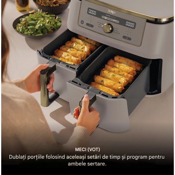 Air Fryer, Ninja Dual Zone DZ400EUSTGD, 9,5 L, 2 sertare, 6-in-1, Max Crisp, Roast, Bake si Reheat, Stone/Gold
