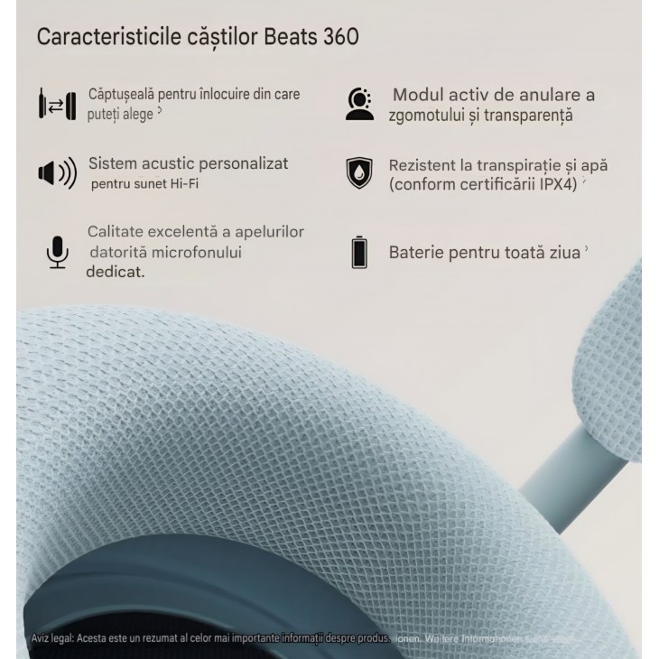 Casti wireless Over-Ear, Beats 360, Noise Cancelling, rezistente la apa si transpiratie, perne interschimbabile, Sky Blue