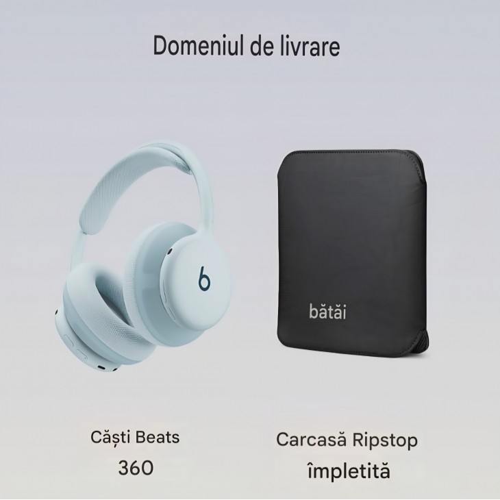 Casti wireless Over-Ear, Beats 360, Noise Cancelling, rezistente la apa si transpiratie, perne interschimbabile, Sky Blue