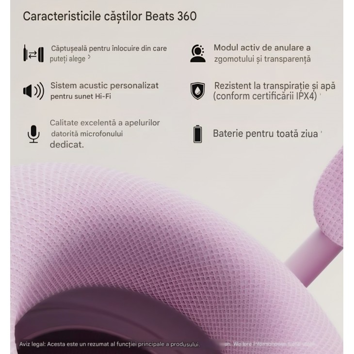 Casti wireless Over-Ear, Beats 360, Noise Cancelling, rezistente la apa si transpiratie, perne interschimbabile, Roz