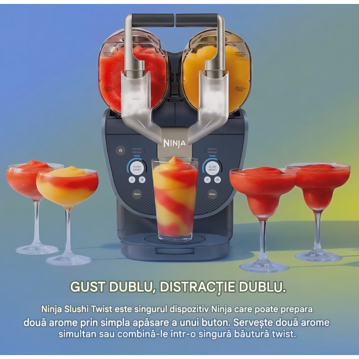 Aparat pentru bauturi frozen, Ninja SLUSHi Twist FS701EUBL, 2 recipiente de 1,42 L, 2 dozatoare, preparare simultana, Blue