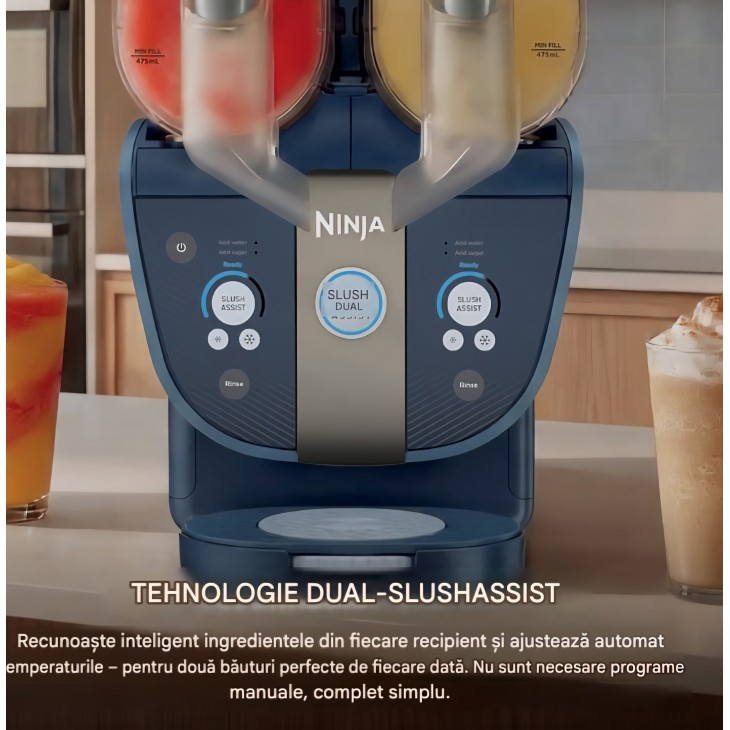 Aparat pentru bauturi frozen, Ninja SLUSHi Twist FS701EUBL, 2 recipiente de 1,42 L, 2 dozatoare, preparare simultana, Blue