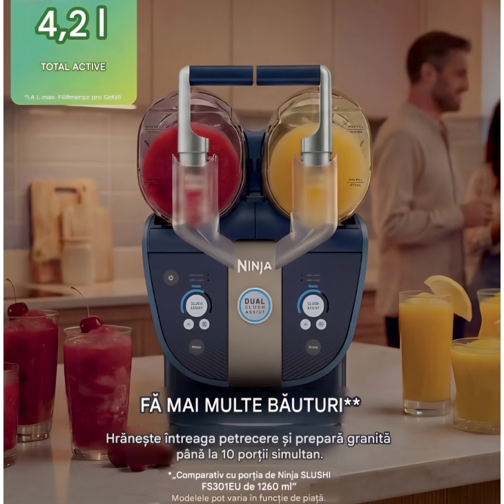 Aparat pentru bauturi frozen, Ninja SLUSHi Twist FS701EUBL, 2 recipiente de 1,42 L, 2 dozatoare, preparare simultana, Blue