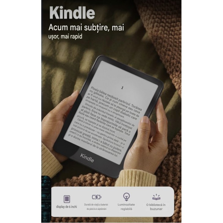 E-Reader, Amazon Kindle 16 GB, generatie noua, ecran 6 inch, design subtire din aluminiu, fara reclame, Negru