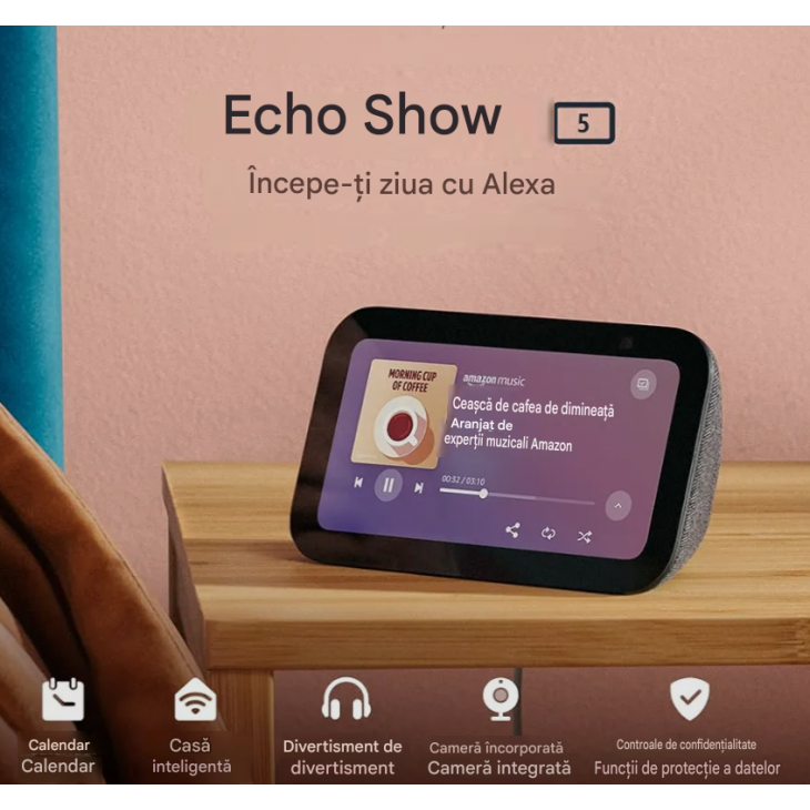 Display inteligent cu ceas desteptator, Amazon Echo Show 5, generatie noua, ecran tactil, sunet imbunatatit, asistenta Alexa, International Version, Charcoal