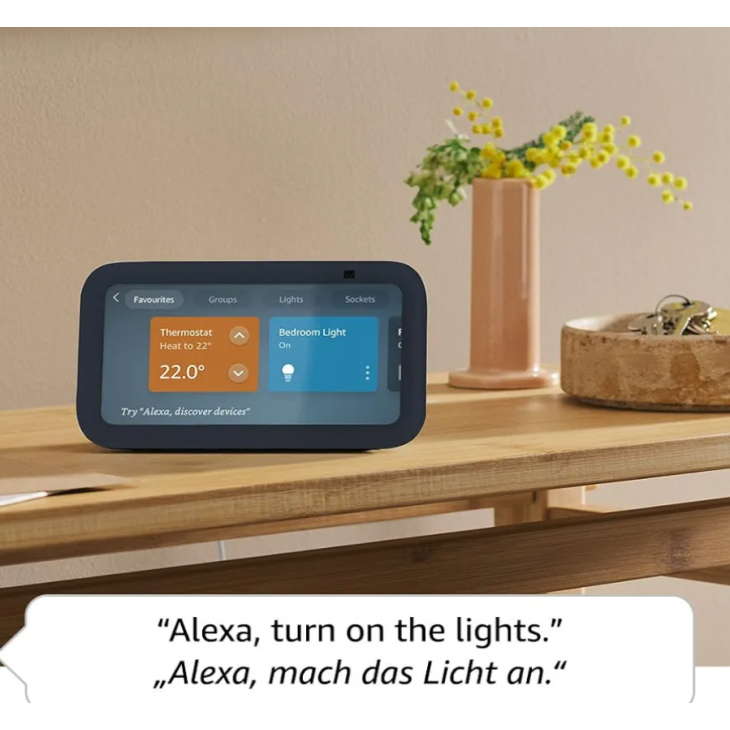 Display inteligent cu ceas desteptator, Amazon Echo Show 5, generatie noua, ecran tactil, sunet imbunatatit, asistenta Alexa, International Version, Charcoal