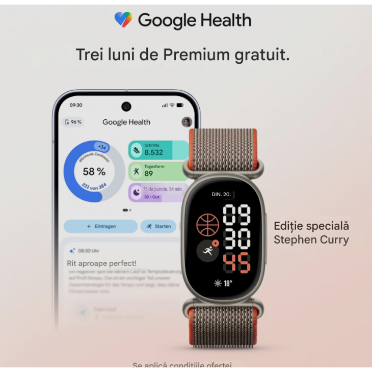 Bratara fitness, Fitbit Edge by Google Stephen Curry Special Edition, ecran AMOLED de 1,34 inch, GPS integrat, monitorizare sanatate si somn, incarcare rapida, Satin Pyrite/Rye