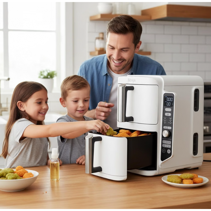 Air Fryer, Ninja SL400EUWH Double XL, 9,5 L, 2 sertare, 4 niveluri de gatire, 6 functii, 2 gratare, 8 portii, White