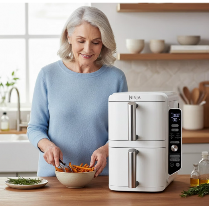 Air Fryer, Ninja SL400EUWH Double XL, 9,5 L, 2 sertare, 4 niveluri de gatire, 6 functii, 2 gratare, 8 portii, White