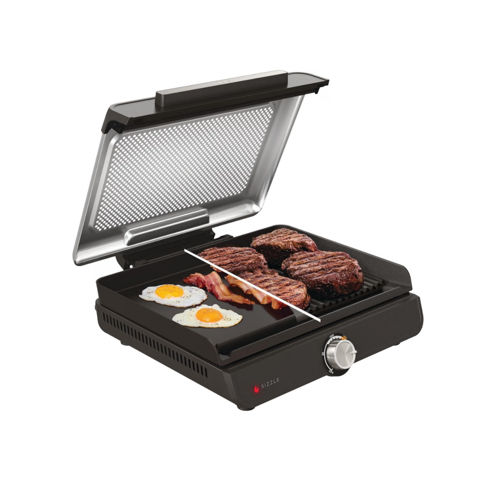 Grill electric si plancha, Ninja Sizzle GR101EU, 2 placi interschimbabile, temperatura reglabila pana la 260°C, capac detasabil si lavabil in masina de spalat vase, colector de grasime, Grey