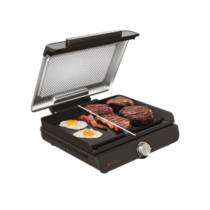 Grill electric si plancha, Ninja Sizzle GR101EU, 2 placi interschimbabile, temperatura reglabila pana la 260°C, capac detasabil si lavabil in masina de spalat vase, colector de grasime, Grey