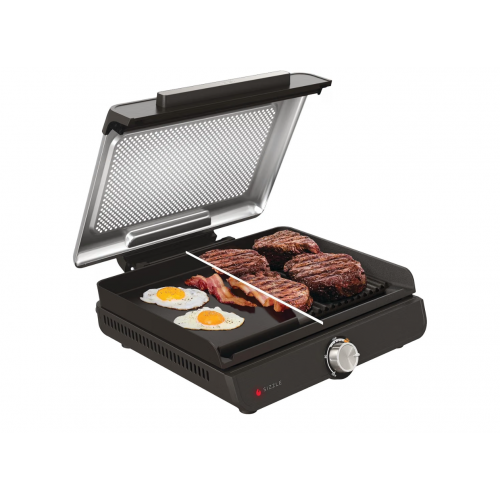 Grill electric si plancha, Ninja Sizzle GR101EU, 2 placi interschimbabile, temperatura reglabila pana la 260°C, capac detasabil si lavabil in masina de spalat vase, colector de grasime, Grey