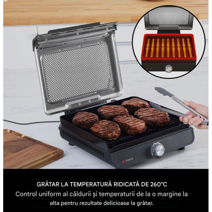 Grill electric si plancha, Ninja Sizzle GR101EU, 2 placi interschimbabile, temperatura reglabila pana la 260°C, capac detasabil si lavabil in masina de spalat vase, colector de grasime, Grey