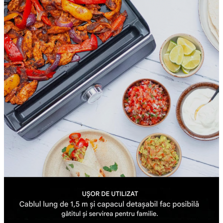 Grill electric si plancha, Ninja Sizzle GR101EU, 2 placi interschimbabile, temperatura reglabila pana la 260°C, capac detasabil si lavabil in masina de spalat vase, colector de grasime, Grey