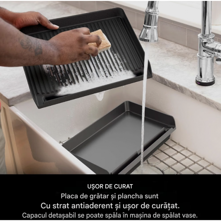 Grill electric si plancha, Ninja Sizzle GR101EU, 2 placi interschimbabile, temperatura reglabila pana la 260°C, capac detasabil si lavabil in masina de spalat vase, colector de grasime, Grey