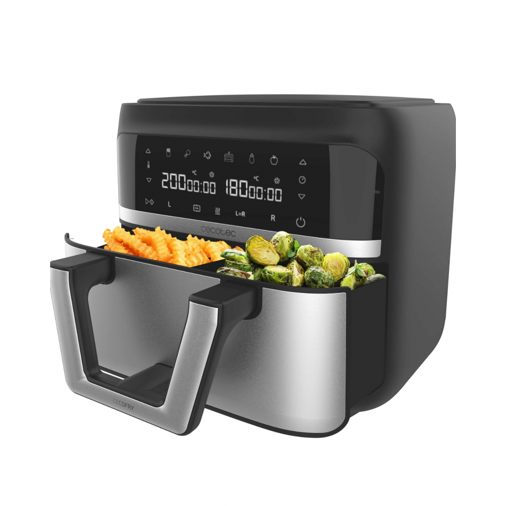 Air Fryer, Cecotec Cecofry Dual 9000, 9 L, 2850 W, capacitate divizibila in 2 compartimente, 6 programe, control tactil digital, temperatura duala, tehnologie PerfectCook, Silver/Black