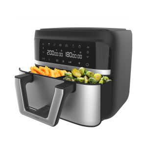 Air Fryer, Cecotec Cecofry Dual 9000, 9 L, 2850 W, capacitate divizibila in 2 compartimente, 6 programe, control tactil digital, temperatura duala, tehnologie PerfectCook, Silver/Black