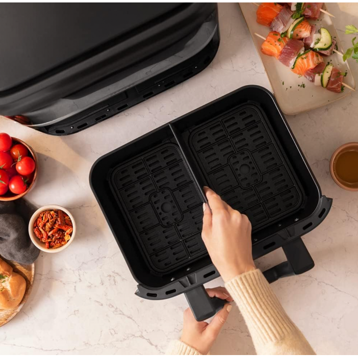 Air Fryer, Cecotec Cecofry Dual 9000, 9 L, 2850 W, capacitate divizibila in 2 compartimente, 6 programe, control tactil digital, temperatura duala, tehnologie PerfectCook, Silver/Black