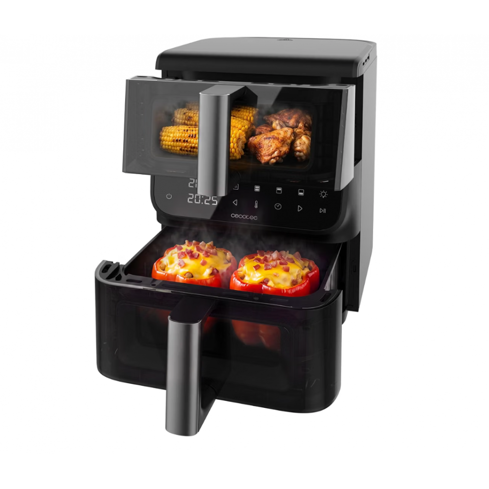 Air Fryer, Cecotec Cecofry DuoLevel 10000 DuoSize Window, 10 L, 2000 W, 2 compartimente suprapuse de 3,5 L si 6,5 L, 10 programe, ferestre de vizualizare, panou tactil digital, Black