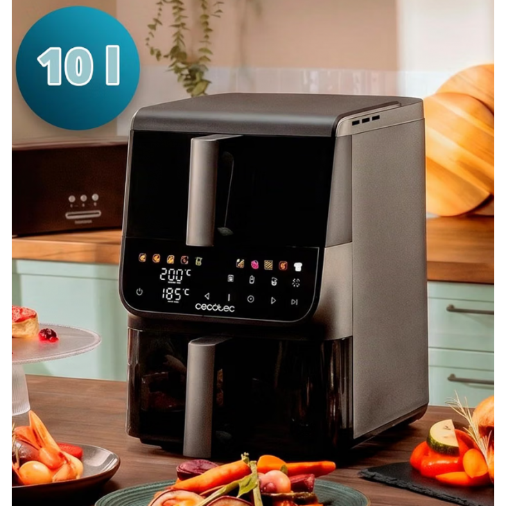 Air Fryer, Cecotec Cecofry DuoLevel 10000 DuoSize Window, 10 L, 2000 W, 2 compartimente suprapuse de 3,5 L si 6,5 L, 10 programe, ferestre de vizualizare, panou tactil digital, Black