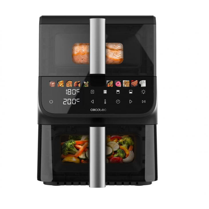 Air Fryer, Cecotec Cecofry DuoLevel 10000 DuoSize Window, 10 L, 2000 W, 2 compartimente suprapuse de 3,5 L si 6,5 L, 10 programe, ferestre de vizualizare, panou tactil digital, Black