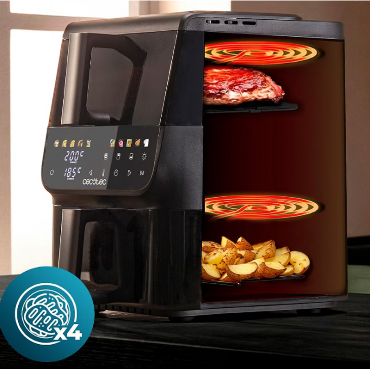 Air Fryer, Cecotec Cecofry DuoLevel 10000 DuoSize Window, 10 L, 2000 W, 2 compartimente suprapuse de 3,5 L si 6,5 L, 10 programe, ferestre de vizualizare, panou tactil digital, Black