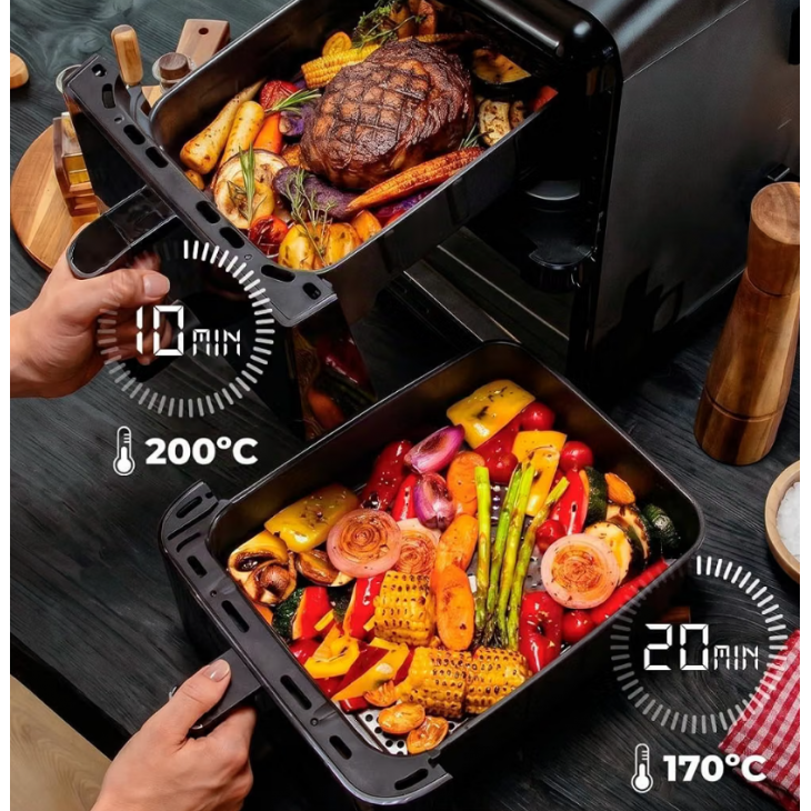 Air Fryer, Cecotec Cecofry DuoLevel 10000 DuoSize Window, 10 L, 2000 W, 2 compartimente suprapuse de 3,5 L si 6,5 L, 10 programe, ferestre de vizualizare, panou tactil digital, Black