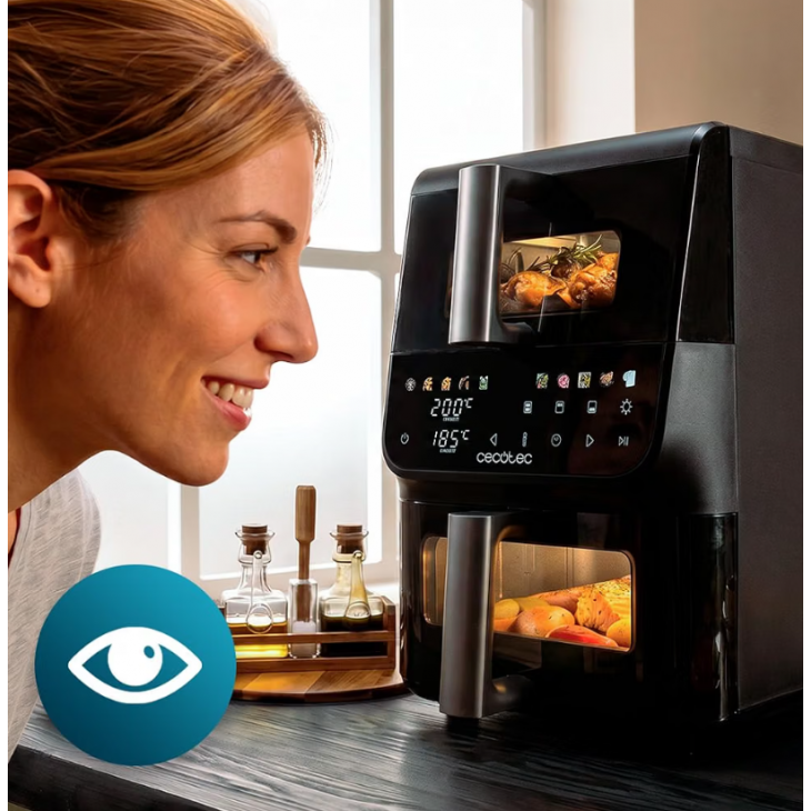 Air Fryer, Cecotec Cecofry DuoLevel 10000 DuoSize Window, 10 L, 2000 W, 2 compartimente suprapuse de 3,5 L si 6,5 L, 10 programe, ferestre de vizualizare, panou tactil digital, Black