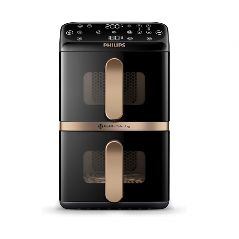 Air Fryer, Philips 4000 Series Stacked NA462/70, 10 L, 2750 W, 2 cosuri suprapuse, tehnologie RapidAir, 13 functii de gatire, 6 programe presetate, control tactil, aplicatie HomeID, Black