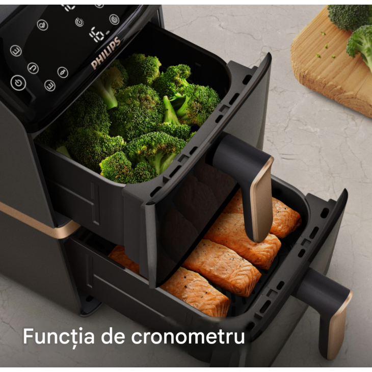 Air Fryer, Philips 4000 Series Stacked NA462/70, 10 L, 2750 W, 2 cosuri suprapuse, tehnologie RapidAir, 13 functii de gatire, 6 programe presetate, control tactil, aplicatie HomeID, Black