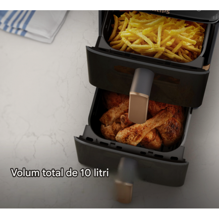 Air Fryer, Philips 4000 Series Stacked NA462/70, 10 L, 2750 W, 2 cosuri suprapuse, tehnologie RapidAir, 13 functii de gatire, 6 programe presetate, control tactil, aplicatie HomeID, Black