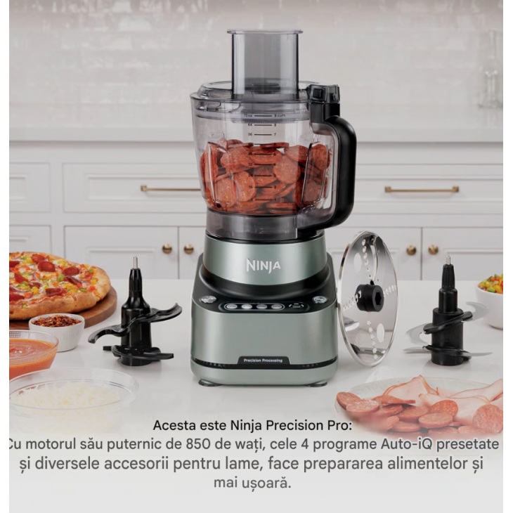 Robot de bucatarie, Ninja PrecisionPro BZ651EU, 2,1 L, 850 W, 4 programe automate, functie framantare aluat, tocator si disc reversibil pentru feliere si razuire, Black