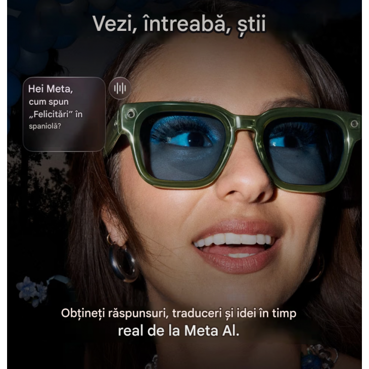 Ochelari inteligenti AI, Meta Capri, camera ultra-wide 12 MP, filmare 3K, 6 microfoane, lentile Transitions fotocromatice, Bluetooth 5.4, Wi-Fi 6, Black/Grey