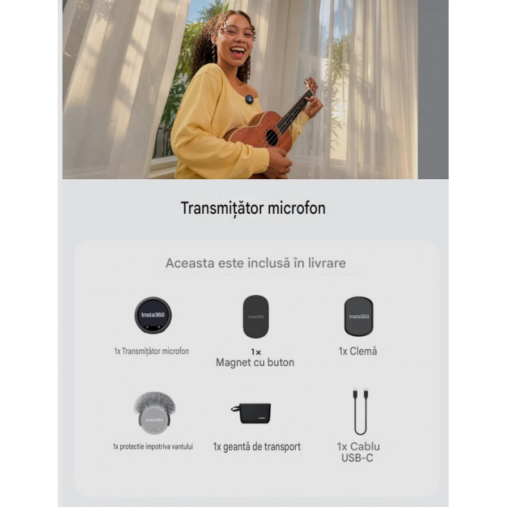 Microfon wireless, Insta360 Mic Transmitter, display E-Ink color de 1,22 inch, reducere AI a zgomotului, stocare extensibila microSD, inregistrare audio 32-bit float, Bluetooth 5.4, Black
