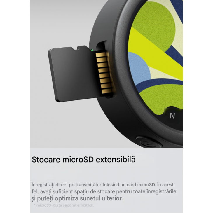 Microfon wireless, Insta360 Mic Transmitter, display E-Ink color de 1,22 inch, reducere AI a zgomotului, stocare extensibila microSD, inregistrare audio 32-bit float, Bluetooth 5.4, Black