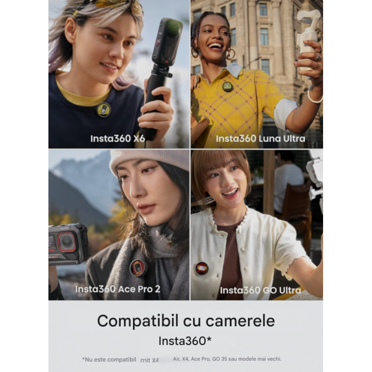 Microfon wireless, Insta360 Mic Transmitter, display E-Ink color de 1,22 inch, reducere AI a zgomotului, stocare extensibila microSD, inregistrare audio 32-bit float, Bluetooth 5.4, Black