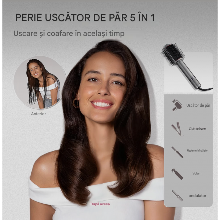 Perie cu aer cald, TYMO AIRBEAM 5-in-1, motor Turbo de mare viteza, uscare rapida, indreptare, ondulare si volumizare, tehnologie ionica anti-electrizare, Black