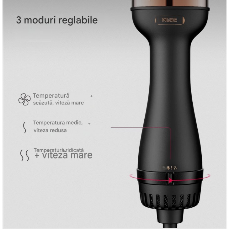 Perie electrica cu aer cald, TYMO Hot Air Brush Volumizer, 1200 W, 3 trepte de temperatura si flux de aer, tehnologie ionica, perie rotunda pentru uscare, indreptare si volumizare, Euro Plug, Gold
