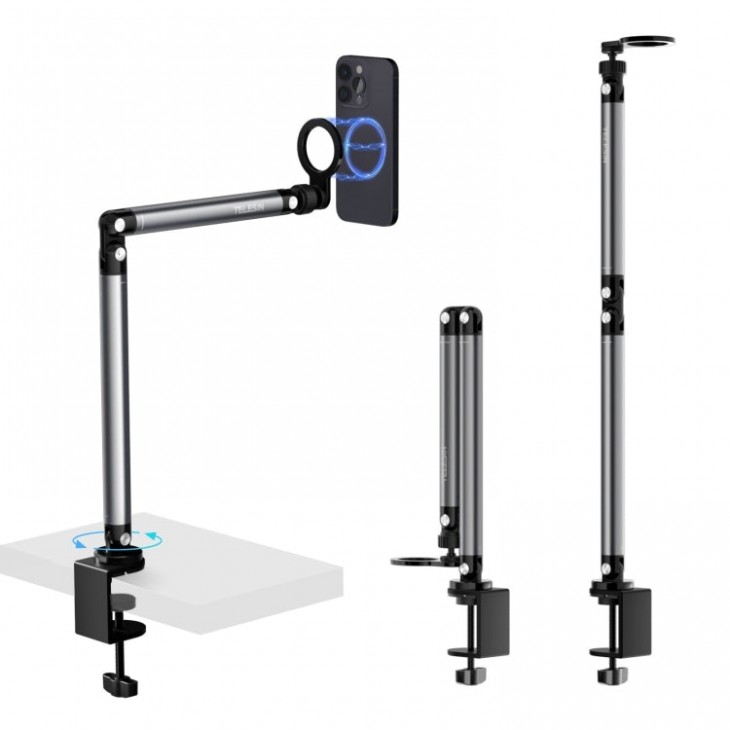 Suport de birou magnetic pentru filmari si vlogging, TELESIN P3-DS-02, prindere cu cleste, compatibil iPhone 16,15, 14, Samsung S25, Huawei, Honor