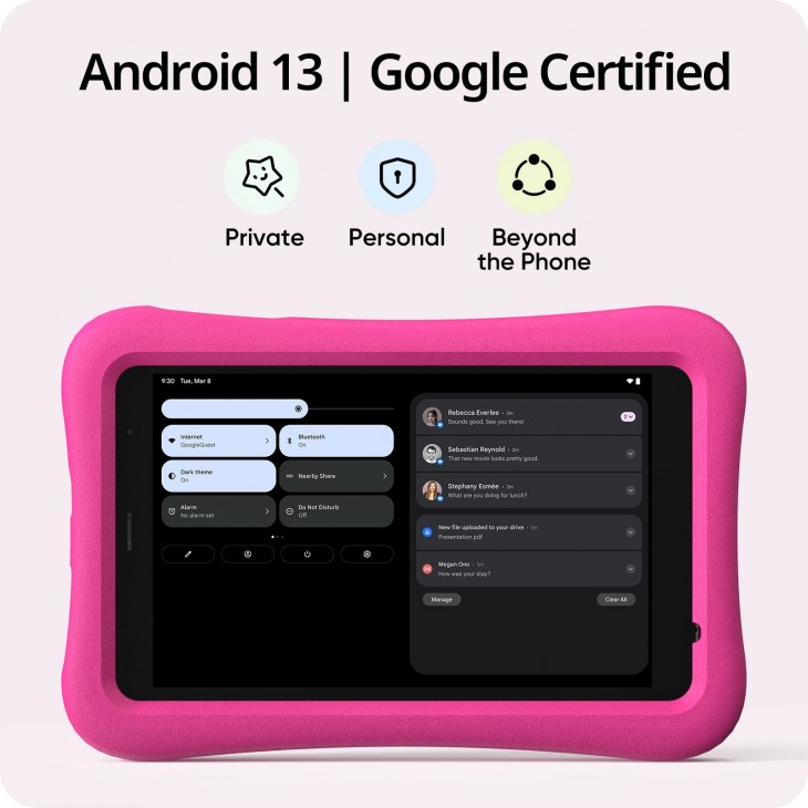 Tableta copii AOGO K8, ecran 8″ LCD, 32GB, 2GB RAM, WiFi, Android 13, control parental, jocuri si activitati educative, camera 5 MP, roz