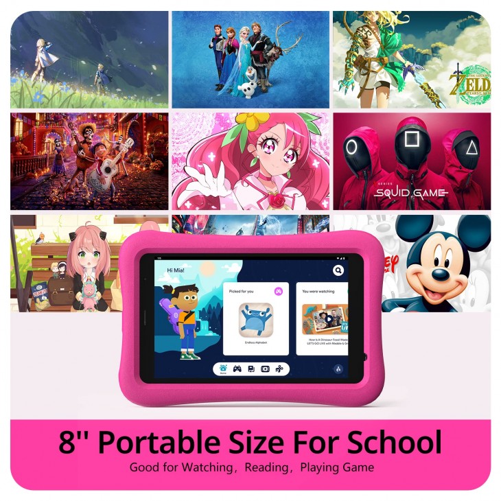 Tableta copii AOGO K8, ecran 8″ LCD, 32GB, 2GB RAM, WiFi, Android 13, control parental, jocuri si activitati educative, camera 5 MP, roz