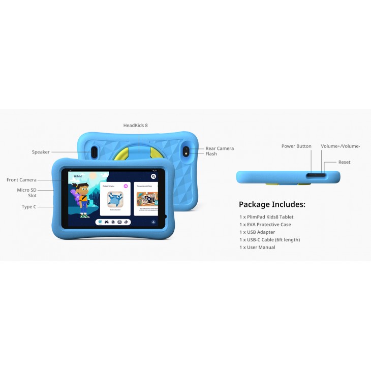 Tableta copii AOGO K8, ecran 8″ LCD, 32GB, 2GB RAM, WiFi, Android 13, control parental, jocuri si activitati educative, camera 5 MP, albastra