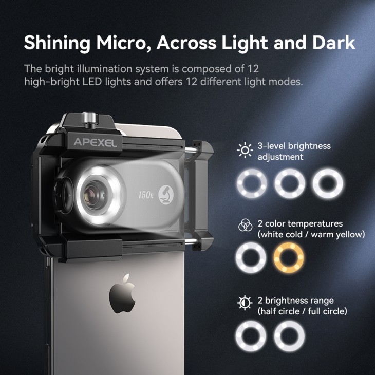 Lentila microscop, Apexel Phone Micro 5, zoom 150x, sistem prindere pentru iPhone 16, 15, 14,13,12,11, Samsung S24/S23/S22, Huawei, Xiaomi, Oppo