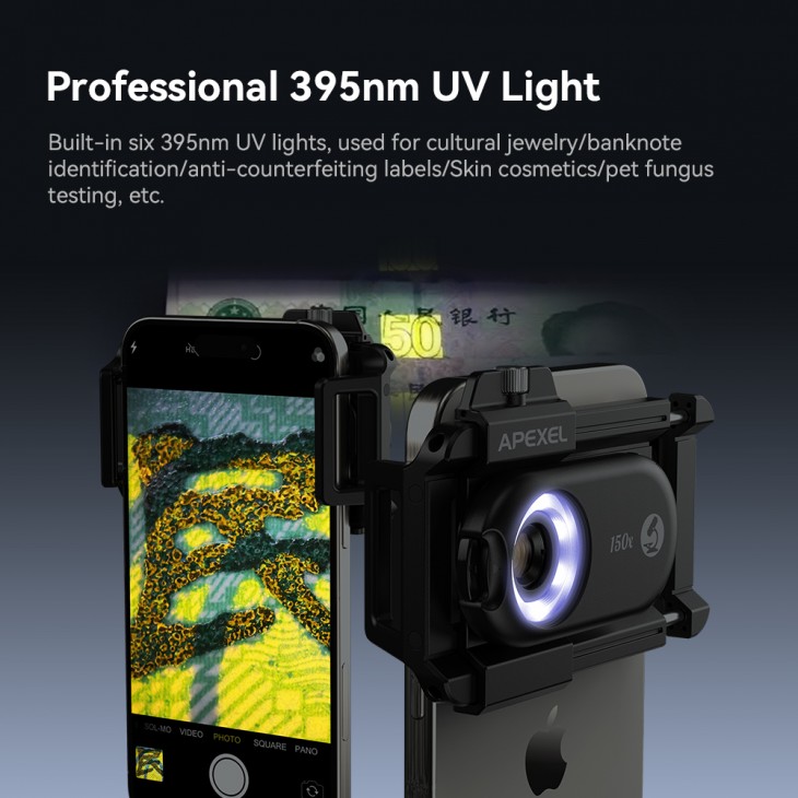 Lentila microscop, Apexel Phone Micro 5, zoom 150x, sistem prindere pentru iPhone 16, 15, 14,13,12,11, Samsung S24/S23/S22, Huawei, Xiaomi, Oppo